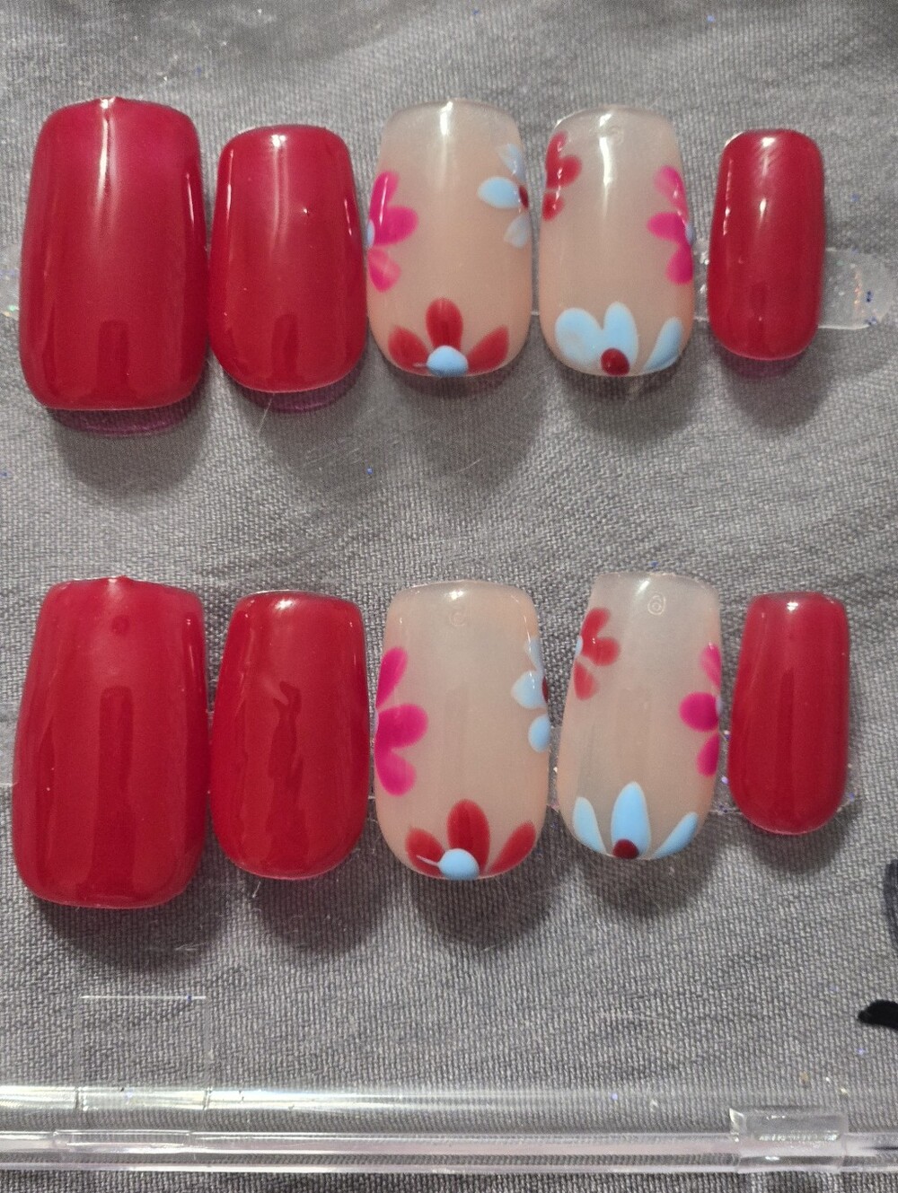 Red Floral Press-On Nail Set with Blue Accents, Short Length Square Shape